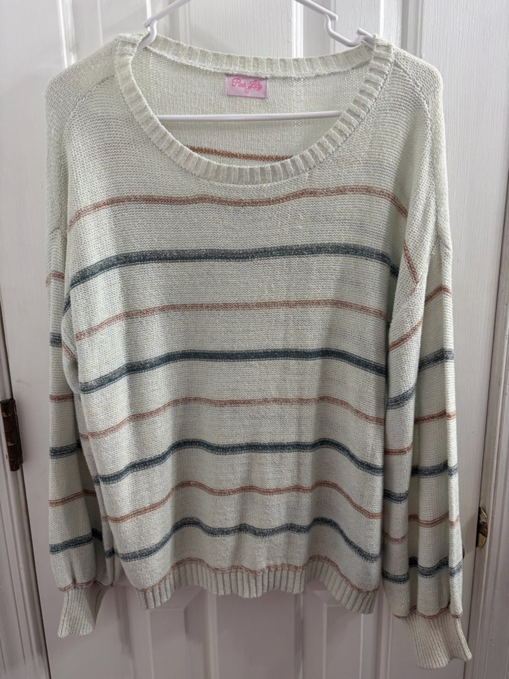 Pink Lily Cream Striped Crewneck Sweater with Blue & Tan Accents